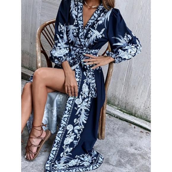 Boho Plants Print V Neck Belted Wrap Dress - Picture 3 of 9